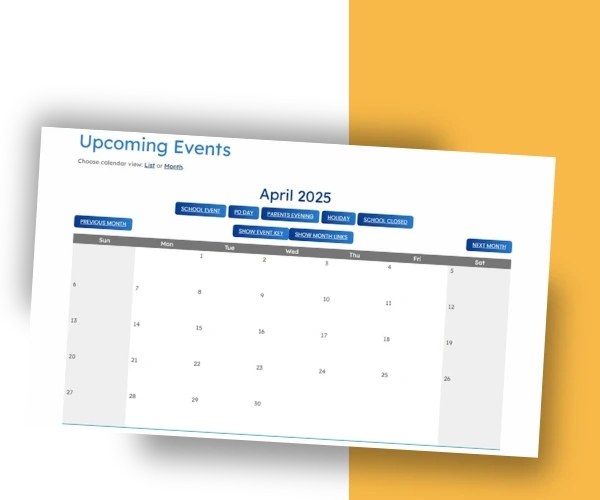 Image of an events calendar on a school website