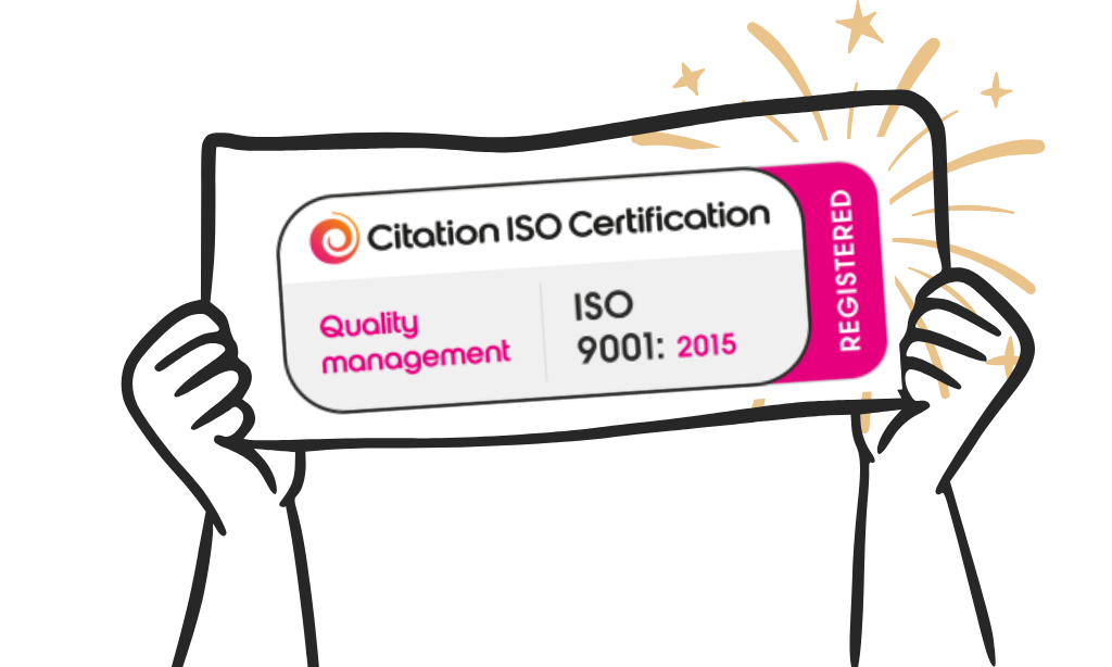 sign held by two hands with an ISO ISO:9001 quality mark in it